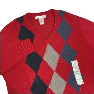 Geoffrey Beene Men's M Knit Sweater V-Neck Red Argyle Diamond 100% Cotton Preppy